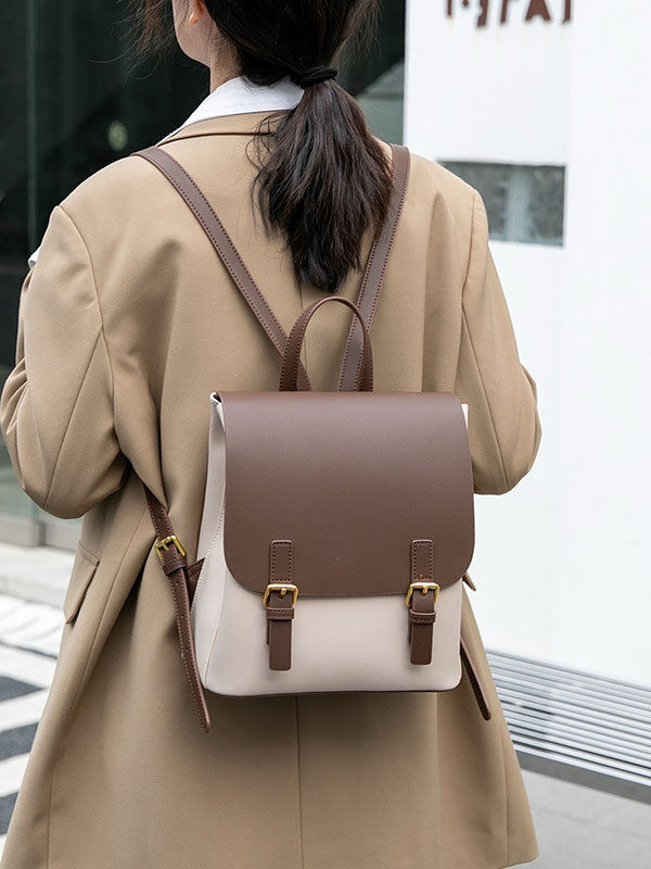 Leather Work Womens Backpack - Modna damska mała torebka-plecak - dwukolorowa