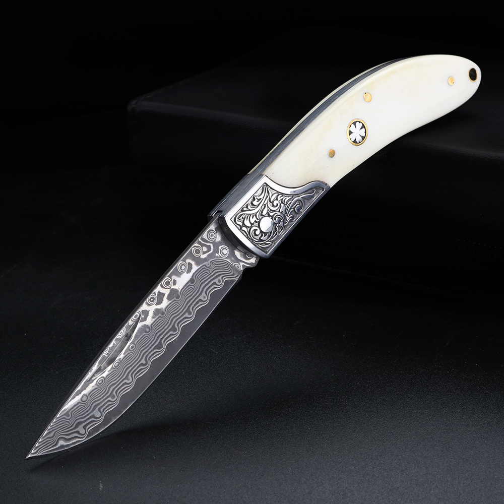 Bone Folder Tool - Składany nóż ze stali damasceńskiej z